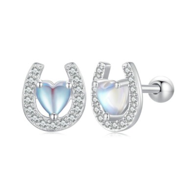 Horseshoe Stud Earrings Moonstone Genuine 925 Sterling Silver  