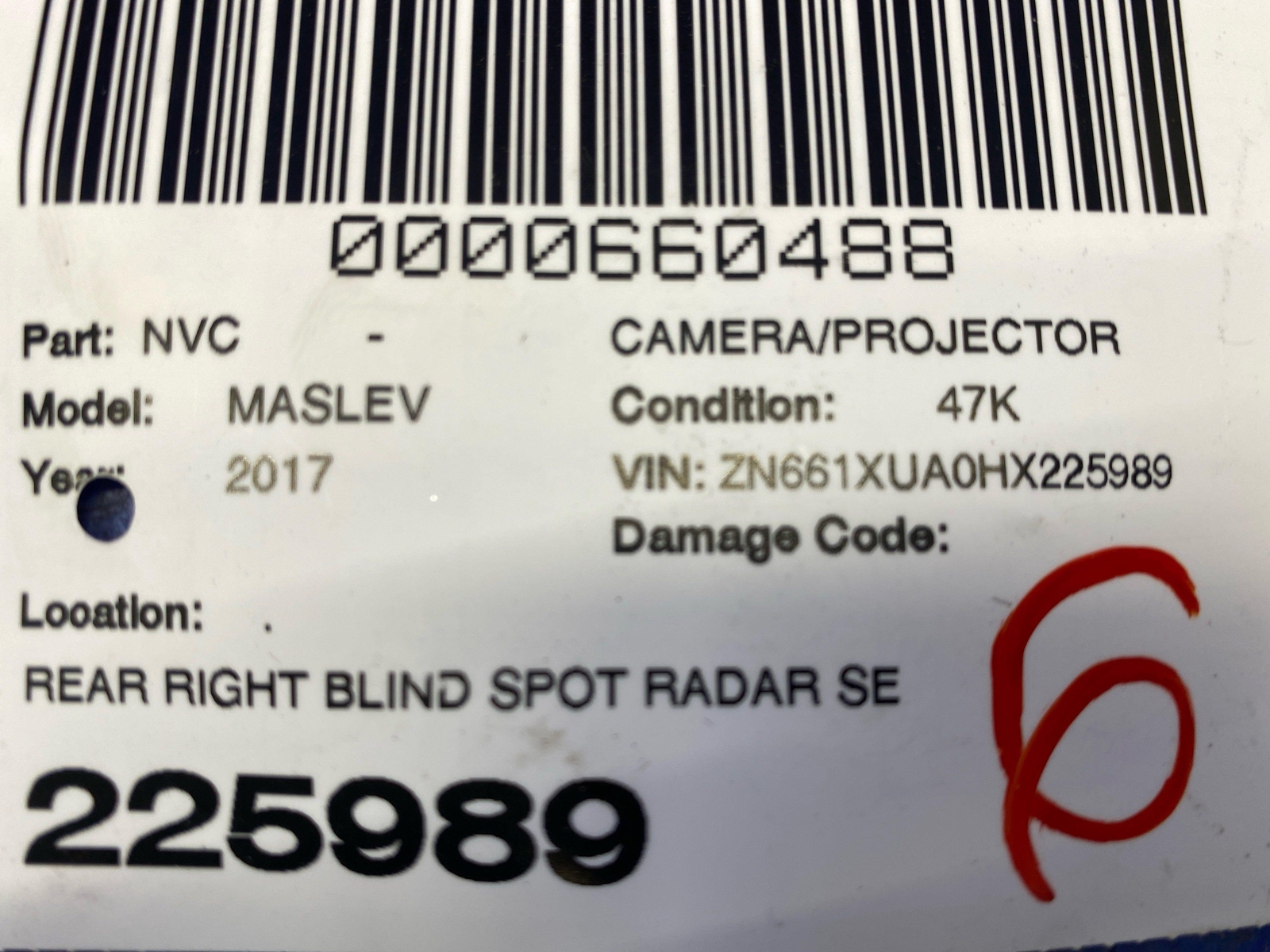 2017-2020 MASERATI LEVANTE REAR RIGHT BLIND SPOT RADAR SENSOR MODULE 670034752