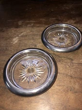 Vintage Leonard Italy 2 Piece Coaster Ashtray Set Genuine Crystal & Silver Plate