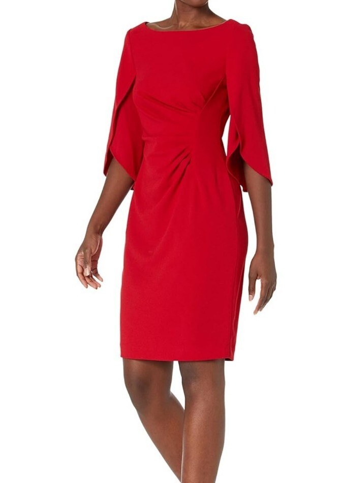 dkny ruched sheath dress DKNY by Donna Karan Stretch Crepe Boat Neckline Short Puff Sleeve Ruched Front Sheath Dress
