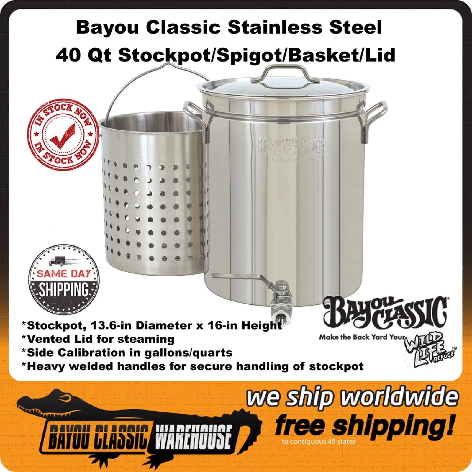 Bayou Classic Stainless Steel 40 Quart Stockpot With Spigot Basket Lid 1140
Opens in a new window or