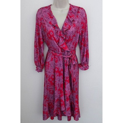 Hale Bob Wrap Dress Small Red Pink Floral Jersey Midi Long Sleeve Ruffle V-Neck