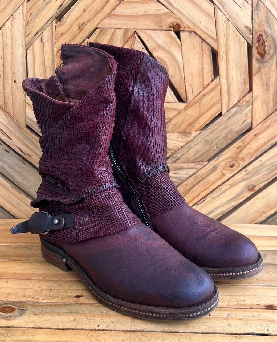 As 98 Airstep Italian Zipper Boho Biker Maroon Distressed Boot EUR 38/US 7.5-8
