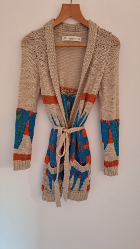 Zara Knit Belted Cardigan M Boho Aztec Long Line Intarsia Cowgirl