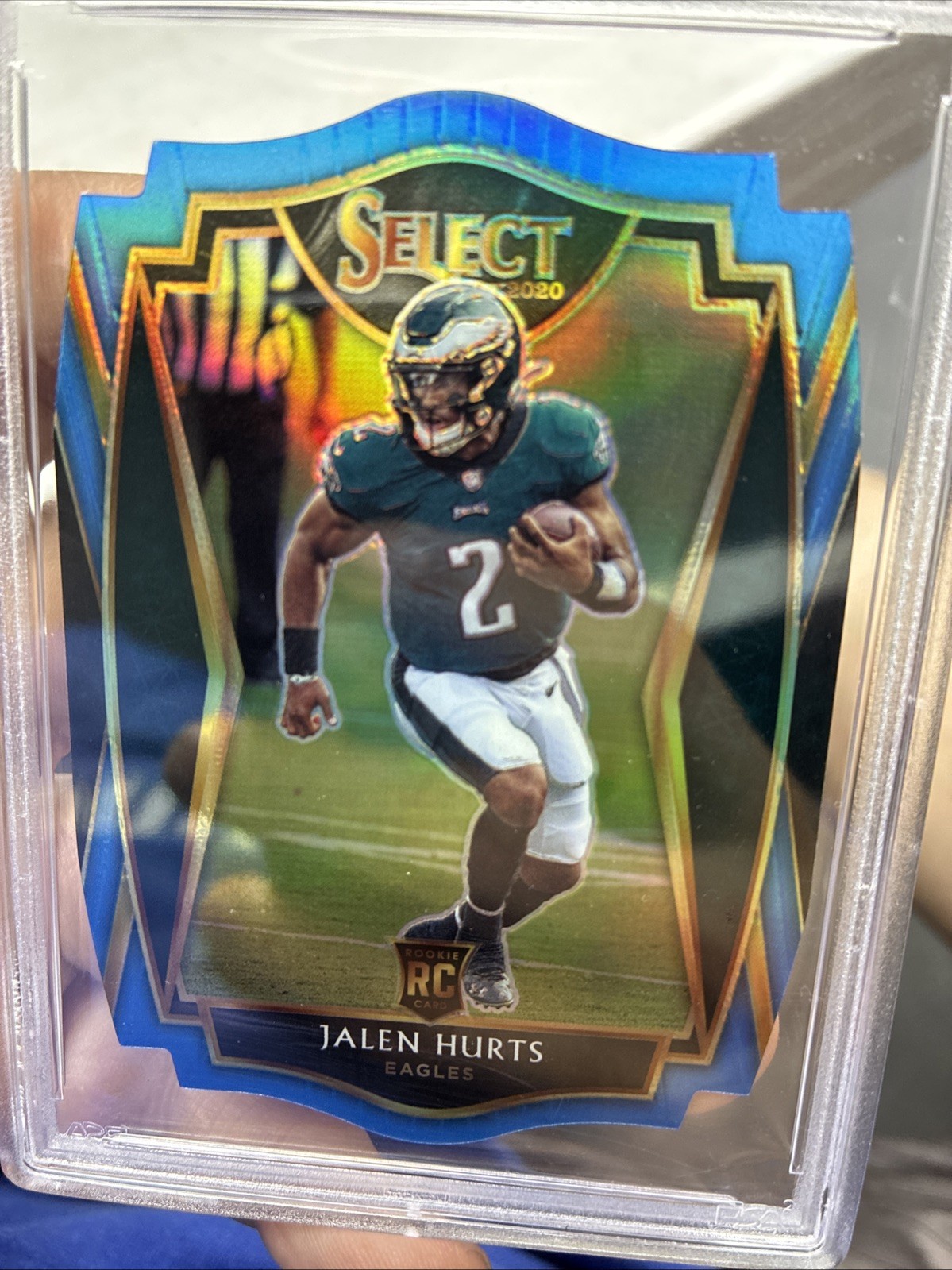 Jalen Hurts 2020 Panini Select #150 Light Blue Prizm Die Cut RC PSA 9 view 3
