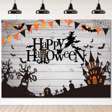 Rustic Wood Witch Happy Halloween Backdrop Spider Web Party Photo Decor 7x5ft