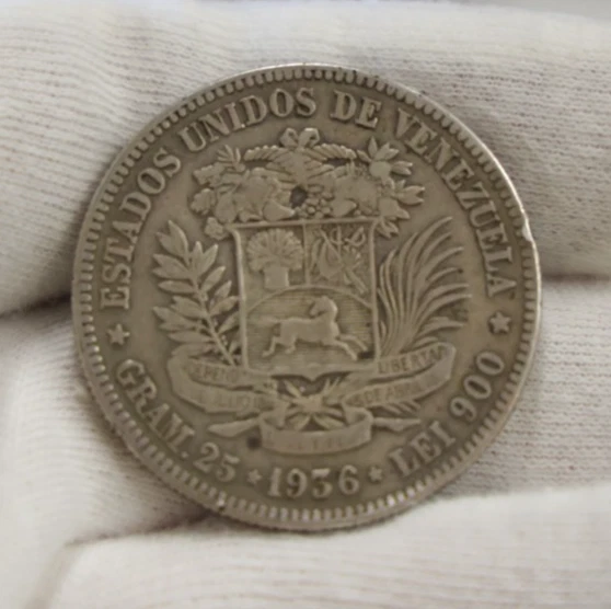 1936 Venezuela Silver 5 Bolivares Coin Fine + - Image 2 of 2