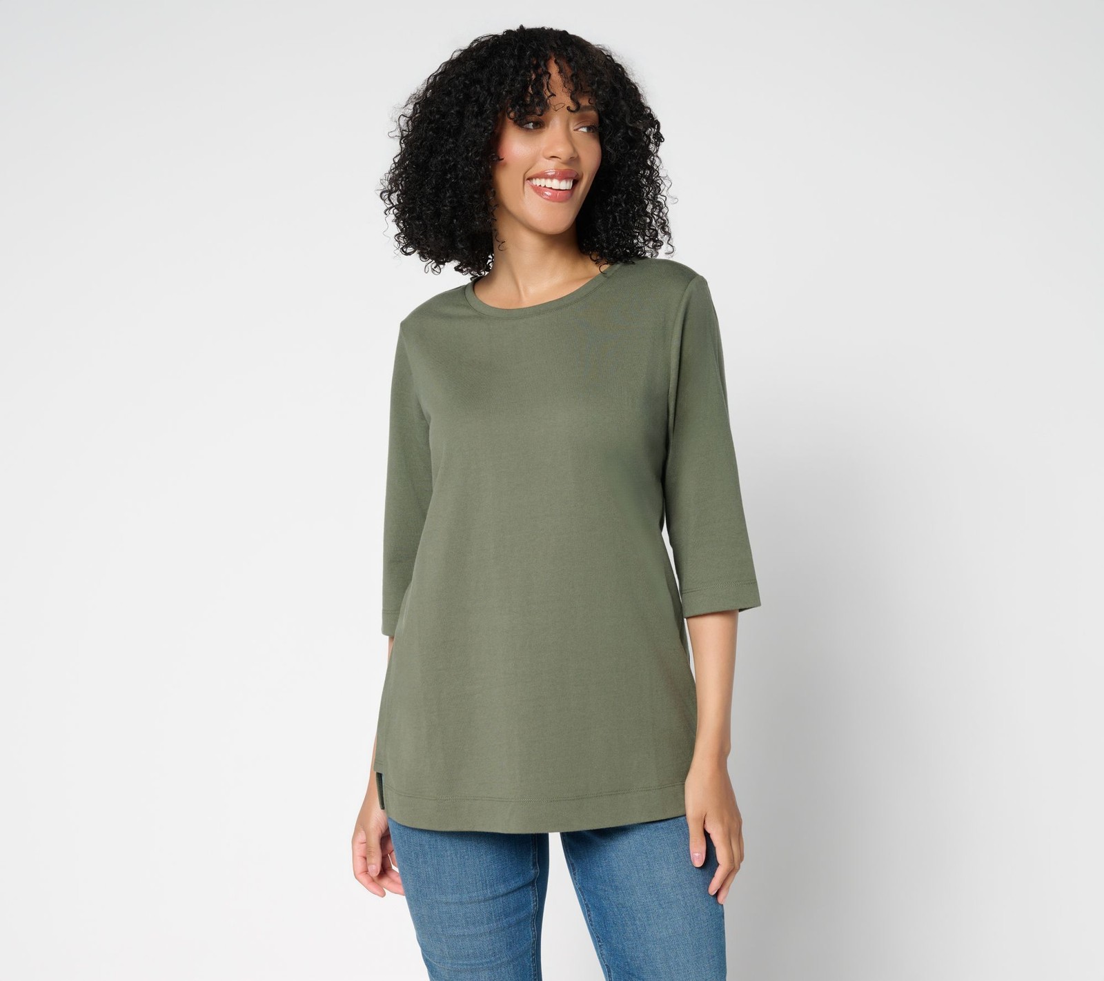 Denim & Co. Women's Top Petite PS Essentials 100% Cotton Jersey Green A694670