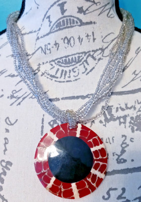 VTG 1960's Artisan Red Black & Red Shell & Six Strand Glass Beaded Necklace 18''