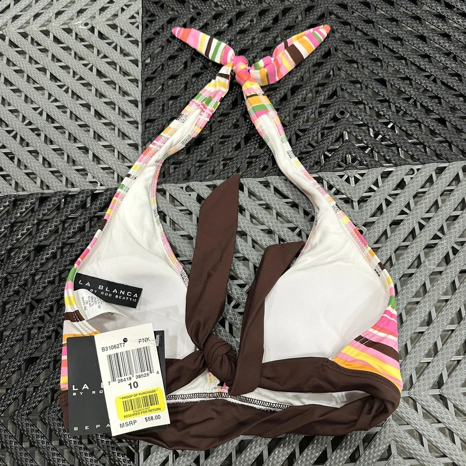 Top de natación de bikini halter a rayas rosa La Blanca by Rod Beattie talla 10 Foto 3 de 3