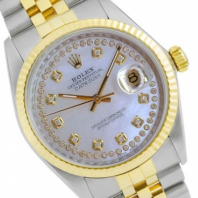Rolex Mens Datejust Gold & SS White MOP Fluted Watch 16233 Original Box & Paper