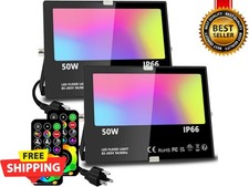 2 Pack RGBW LED Flood Light 500W Eqv Outdoor w/ Remote 120 Colors Dimmable Lands
