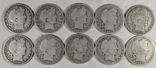 LOT OF 10 BARBER HALF DOLLAR COINS 90% SILVER $5 FACE VALUE #58