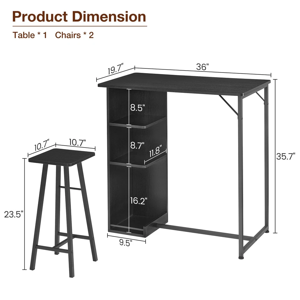 3 Piece Small Bar Table and 2 Chairs Set with 3-Tier Storage Rack Space-Saving - Image 3 of 4