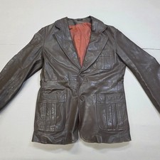 Vintage Mens Size 42 Genuine Leather Blazer Jacket Brown 4 Pocket Button