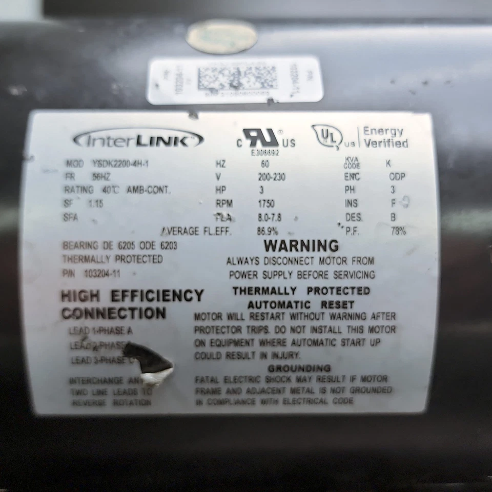 Lennox Blower Motor 3HP 230V 3PH 1750RPM 16P88 103204-11 YSDK2200-4H-1 - Image 3 of 4