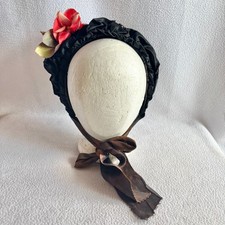 Antique Victorian Black Silk  Velvet Bonnet with Flower