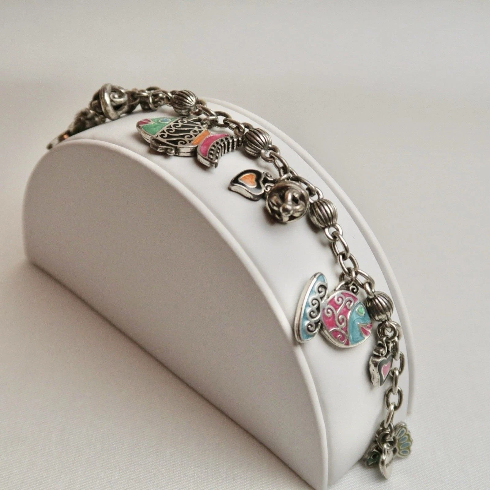 BRIGHTON Colorful Enamel Fish Silver Tone Charm Vintage Bracelet Jewelry Br48