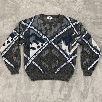 Vintage Jed Sweater Mens Large Gray White Blue Cosby Style Wool Blend 80s 90s