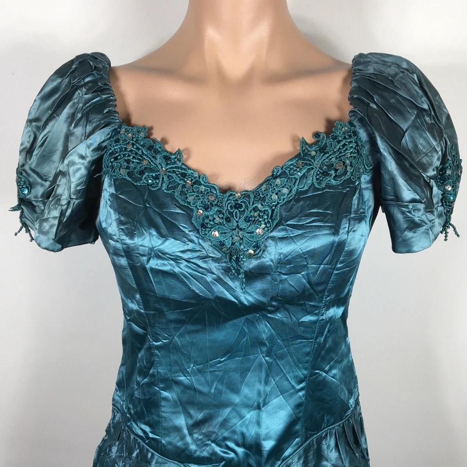 Vtg 80s Teal Lace Puffy Sleeve UNION MADE Evening Party Prom Dress Formal Satin - Image 3 of 4