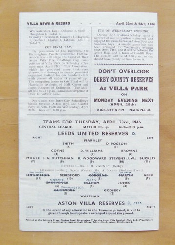 ASTON VILLA v LEICESTER CITY (League) & LEEDS UNITED (Reserves) 1945/1946 *VGC* - Picture 3 of 3