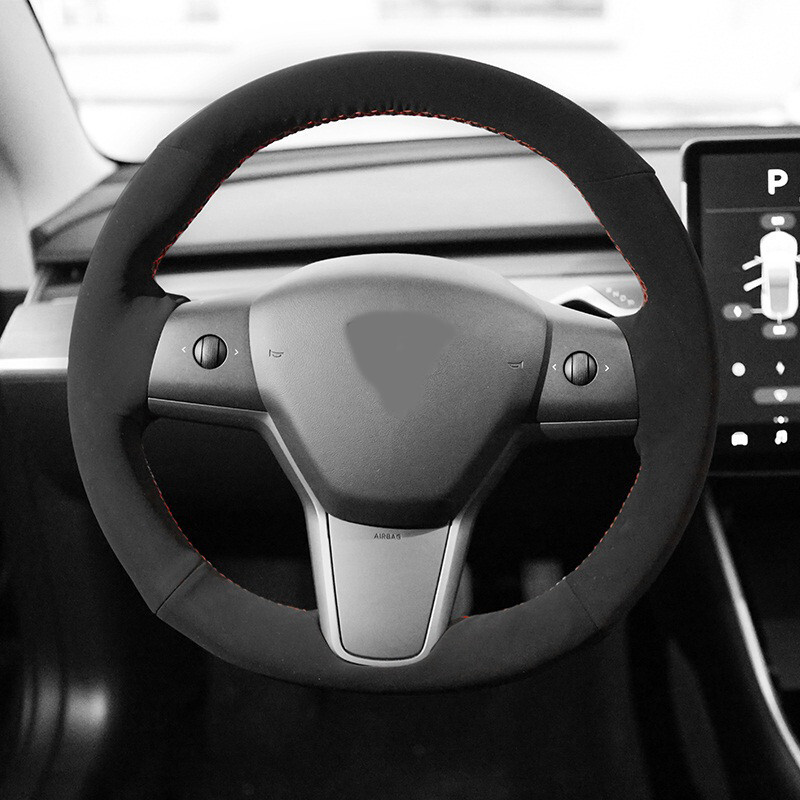 Black Suede Leather Car Steering Wheel Red Stitch Wrap Cover For Tesla Model 3 Y