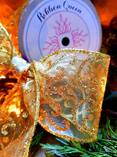 GOLD GLITTER SWIRL LUXURY WIRED WIRE EDGED GLITTER RIBBON - 2.5" CHRISTMAS - Picture 3 of 5