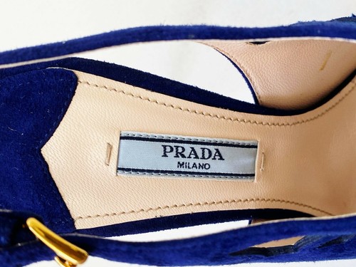 NEW PRADA Camoscio Royal Navy Blue Suede Cutout Slingback Heels Shoes 37.5 7.5 - Picture 4 of 8