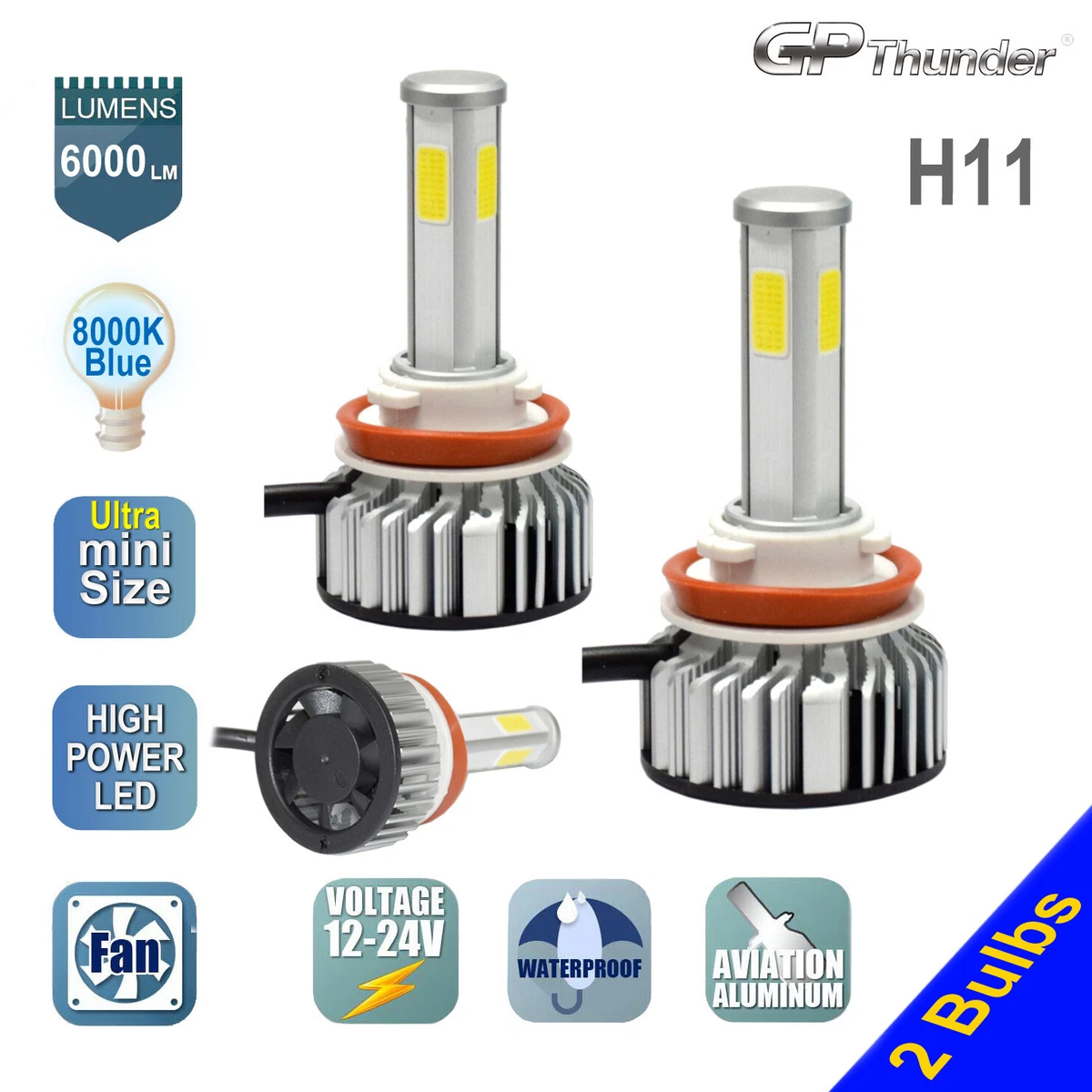 2x 4 Sides LED Headlight Kit H11 Low High Beam Fog Light Bulb 8000K Blue White