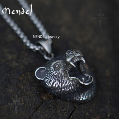 MENDEL Mens Viking Stainless Steel Grizzly Bear Head Claw Pendant Necklace Men