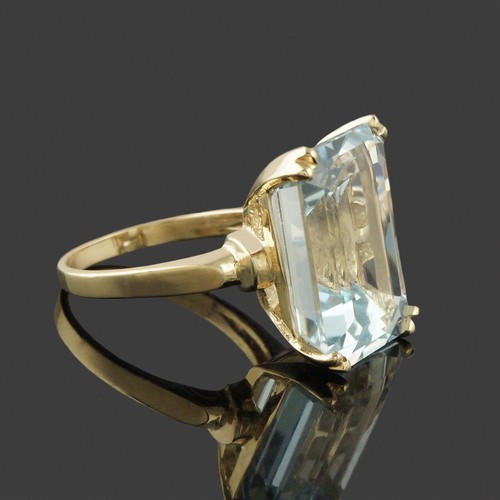 Solid 14K Yellow Gold, Emerald Cut Aquamarine Estate Cocktail Ring