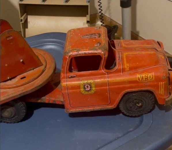 Gran Lumar Marx 1950 VFD gancho y escalera #9 camión de bomberos hojalata litografía 35" de largo Foto 4 de 4