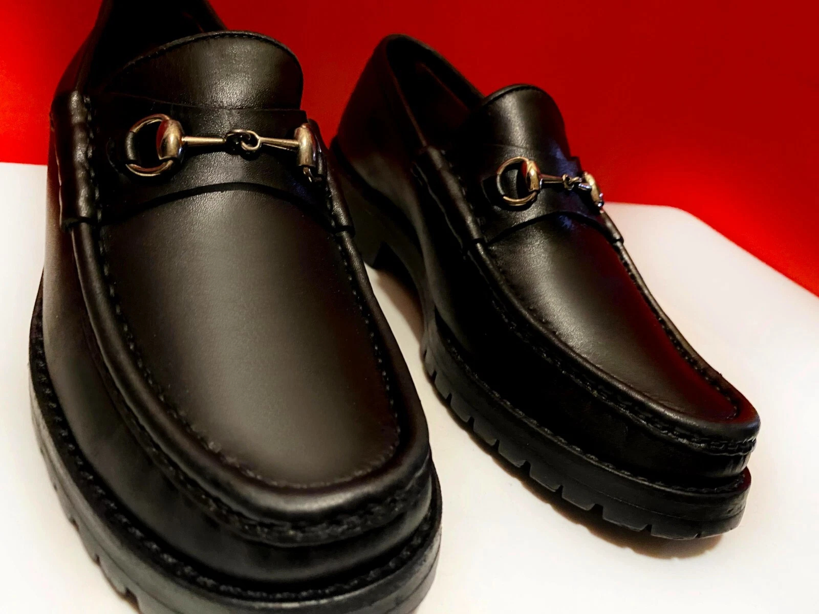789, !! CHAUSSURES MOCASSINS EN CUIR À SEMELLE DE LUXE NOIR EMBLÉMATIQUE GUCCI 5,5 B