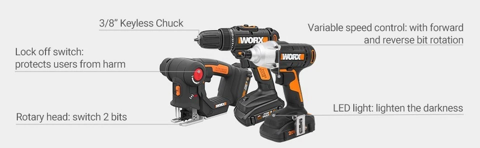 WORX WX911L 20 Volt Combo Power Tool Kit With Power Drill Impact Driver Axis Saw - Image 2 of 3