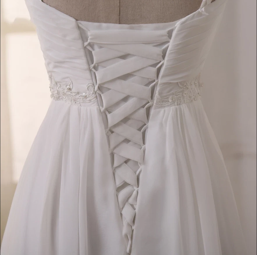 Elegant Chiffon Wedding Dresses Spaghetti V Neck Beaded Lace up Back Bridal Gown - Image 4 of 4
