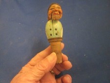 Vintage Wood Carved Mechanical Bottle Cork Stopper Man  - Works - FREE SHIPPING