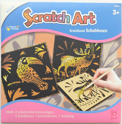 Scratch Art, Kratzbilder, 2 unbedruckte Kratzvorlagen, 2 Schablonen:Vogel+Hirsch