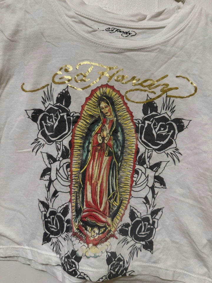 Top vintage Ed Hardy Dama de Guadalupe para mujer pequeño manga corta cuello redondo Foto 3 de 4