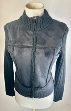 JJ BASICS CHARCOAL GREY  DOUBLE ZIP FAUX SHEARLING SUEDE KNIT SWEATER JACKET LG