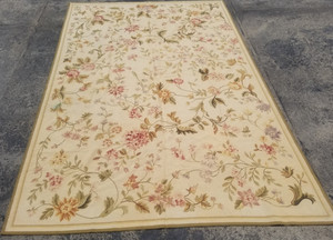 Vintage French Floral Needlepoint Handmade Multicolor Rug Wool Carpet 268x181 cm