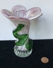Vtg Cased Art Glass * Swirls Purple/White * Ribbed Scallop Vase * Green Vine