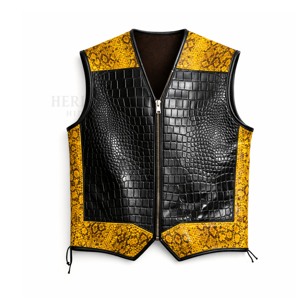 Chaleco de cuero de piel de serpiente de cocodrilo negro y amarillo para hombre · Motociclista gótico - S a 5XL