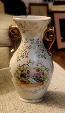 Vtg Victorian Couple  Small Bud Vase Gold Handles  Chip On Back, Crack On Front 