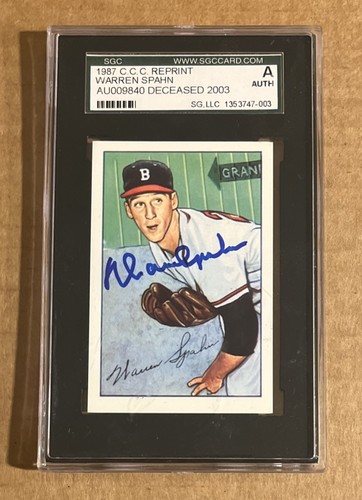 1987 C. C. C. REPRINTS WARREN SPAHN #156 BOSTON BRAVES SGC AUTH AUTOGRAPH - Picture 1 of 3