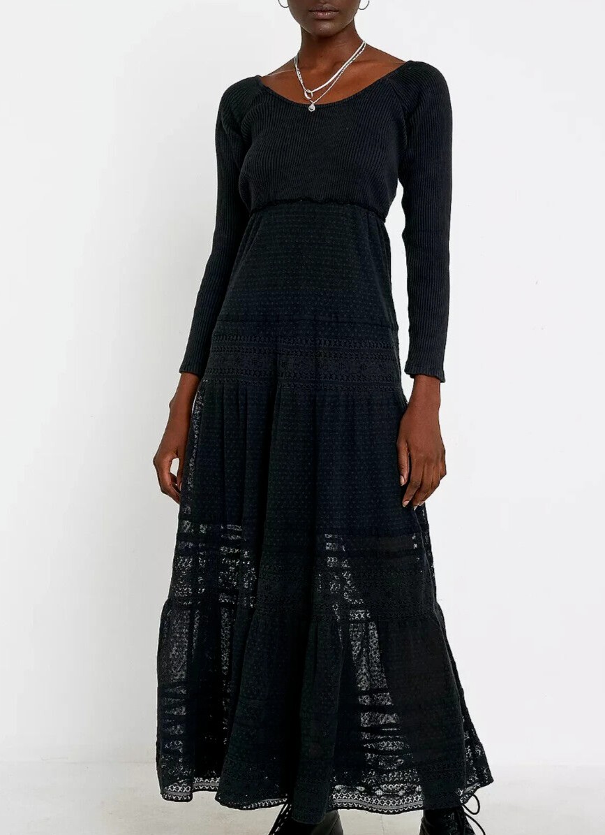 Free People Black Lace Ribbed Long Sleeve Tiered Earth Angel Maxi Dress Prairie
