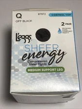 (2 PAIR) L'eggs Sheer Energy Women's Control Top Pantyhose -Size Q, Off Black