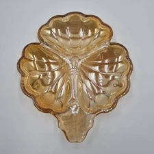 Vintage Jeanette Marigold Carnival Glass Peach Luster Leaf Nut Dish Divided Bowl