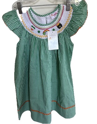 Angeline Kids:  St. Patrick Smocked Dress Green White Checked Rick Rack Trim