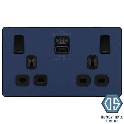 BG Evolve Matt Blue Screwless Switches & Sockets Black Inserts Full Range - Picture 23 of 67