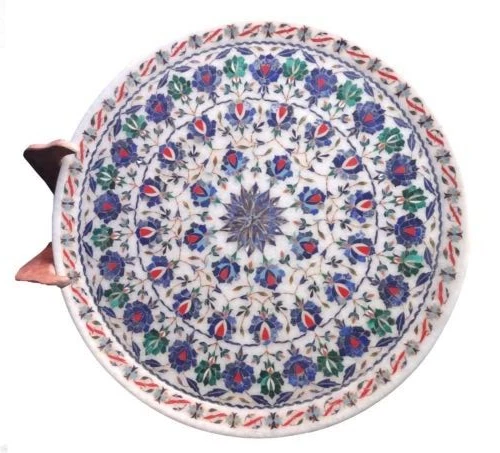15" Decorative Marble Plate Handmade Pietra Dura Lapis Lazuli Home Decor Gifts — 第 4/4 张图片